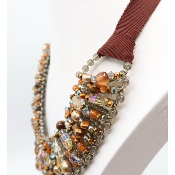 TALBOTS Caramel & Smoky Grey/Blue Beaded Collar Statement Necklace - Picture 5 of 7